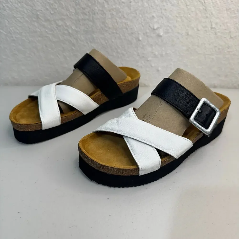 NAOT Juliette Platform Slide Sandal Soft Black & White Leather Straps Women’s 9
